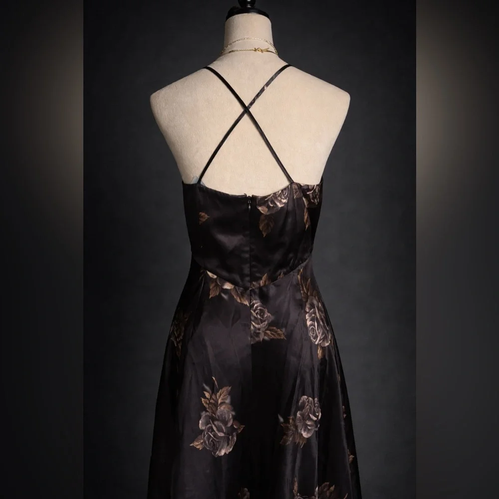 Black Satin Floral Halter Dress